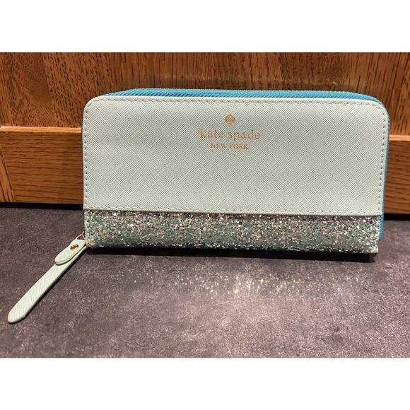 kate spade new york Handbags - Kate Spade NY Light Blue Leather Glitter Zip Around Wallet